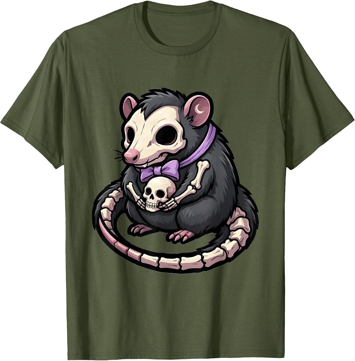 Men's Skeletal Opossum Kawaii Pastel Goth Protector Mascot T-Shirt - Olive Green