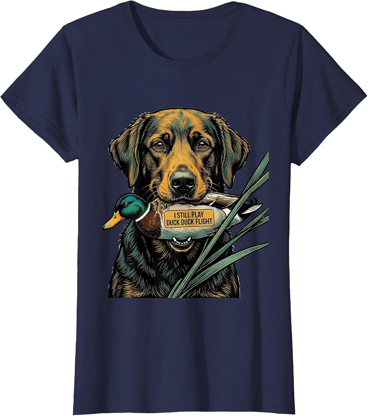 Women's I Still Play Duck Duck Flight Funny Duck Hunting Hunter Dad T-Shirt - Navy Blue
