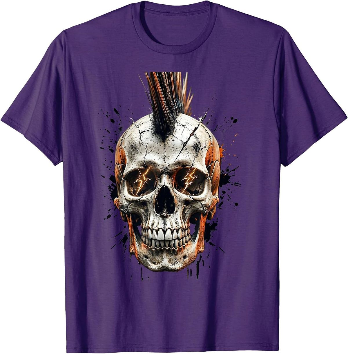Punk Mohawk Skull Lightning Bolt Eyes Design T-Shirt - Purple