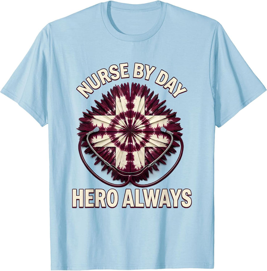 Men's Nurse By Day Hero Always Boo Boo Crew Design T-Shirt - Baby Blue