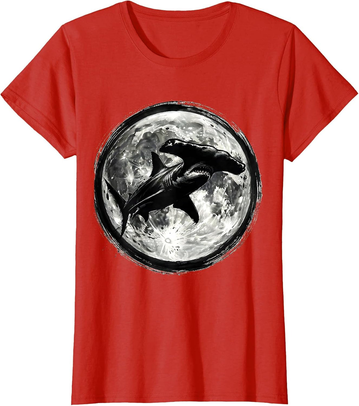 Women's Hammerhead Shark Silhouette Full Moon Graphic T-Shirt - Red