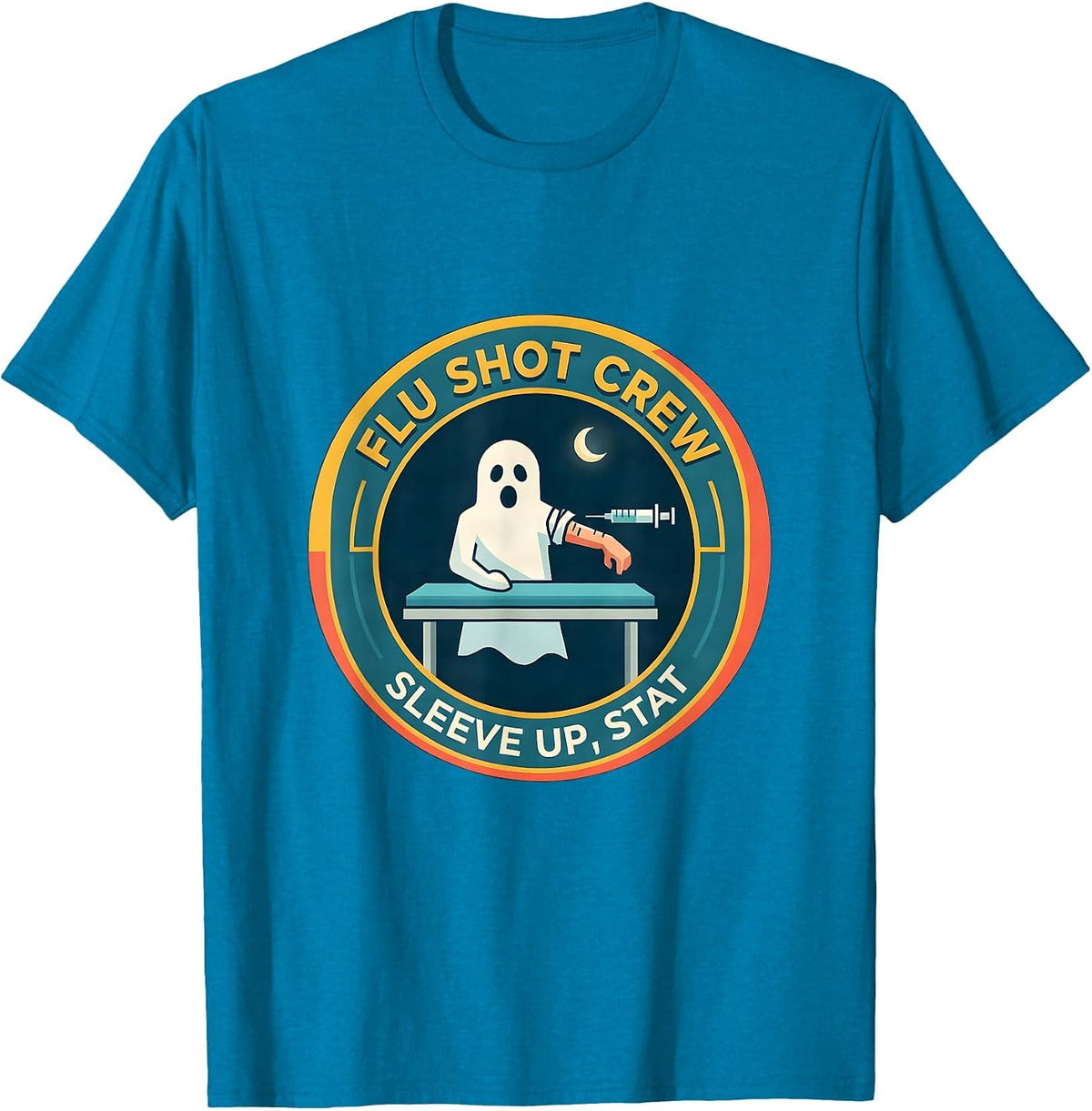 Flu Shot Crew Sleeve Up Stat Funny Halloween Nurse Ghost T-Shirt - Sapphire Blue