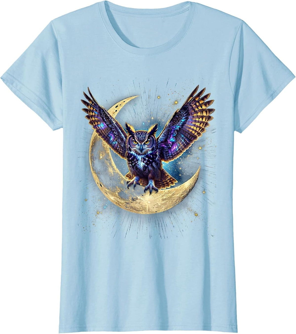 Owl on Crescent Moon Night Sky Illustration T-Shirt - Baby Blue