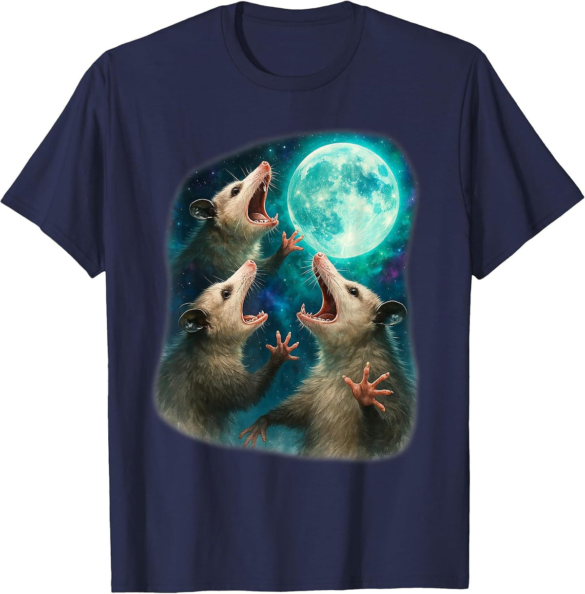 Three Possum Moon Funny Weird Cursed Meme 3 Opossums Howl T-Shirt - Navy Blue