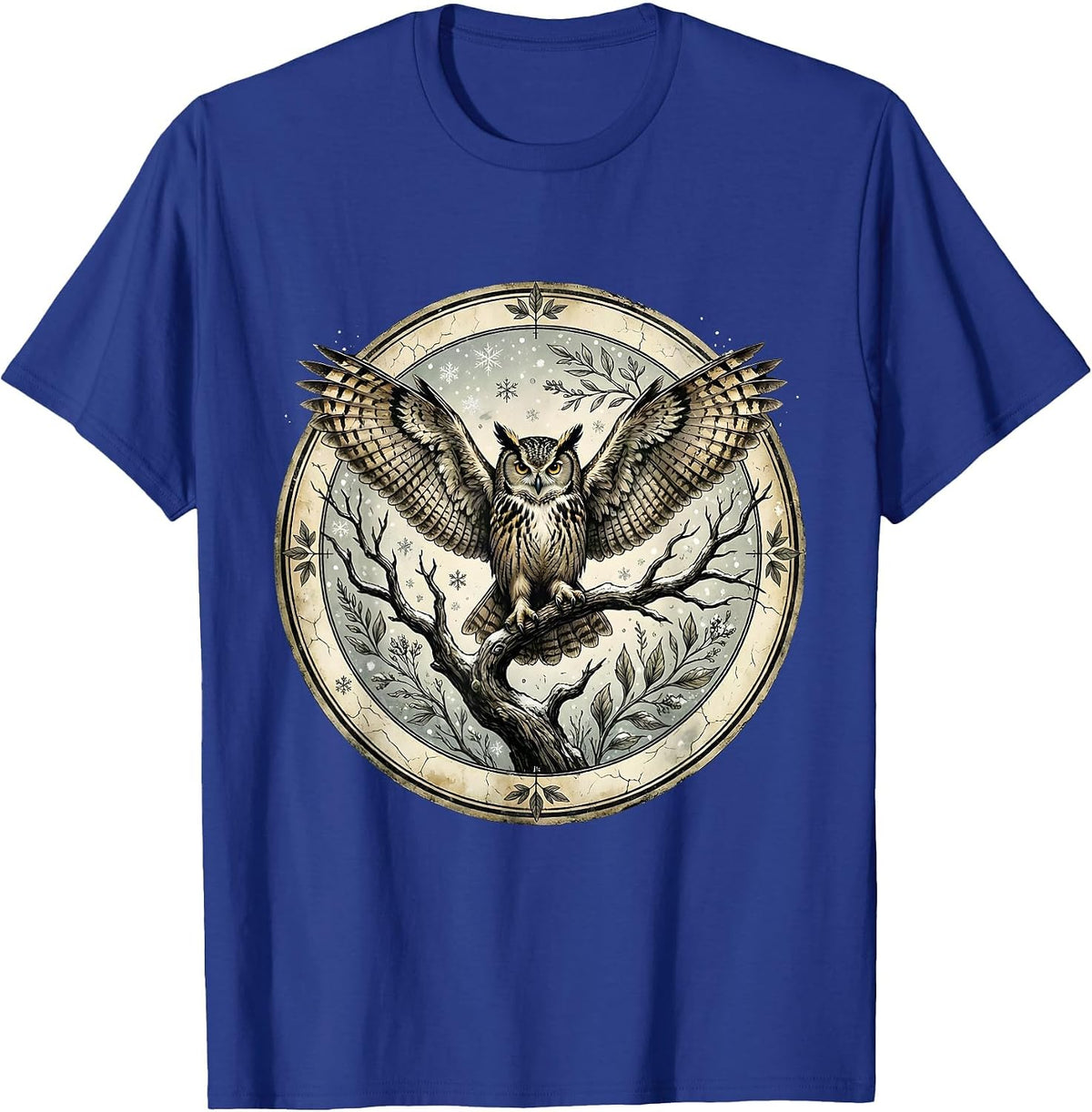 Men's Owl on Branch Winter Snowfall Nature Design T-Shirt - Royal Blue