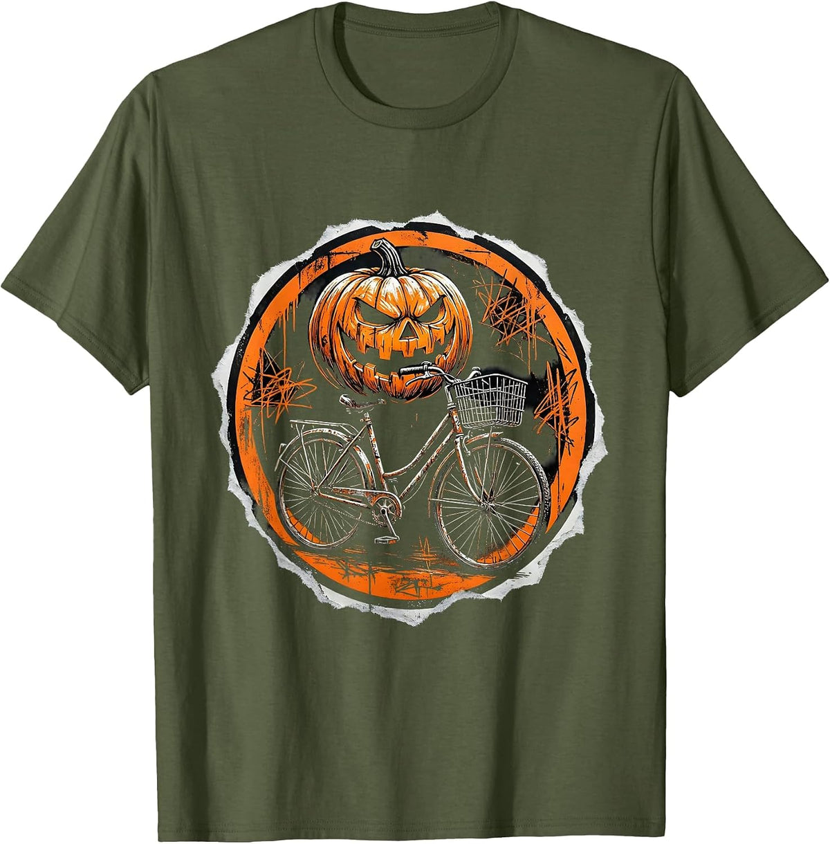 Pumpkin Bicycle Rider Halloween Costume Tee T-Shirt - Olive Green