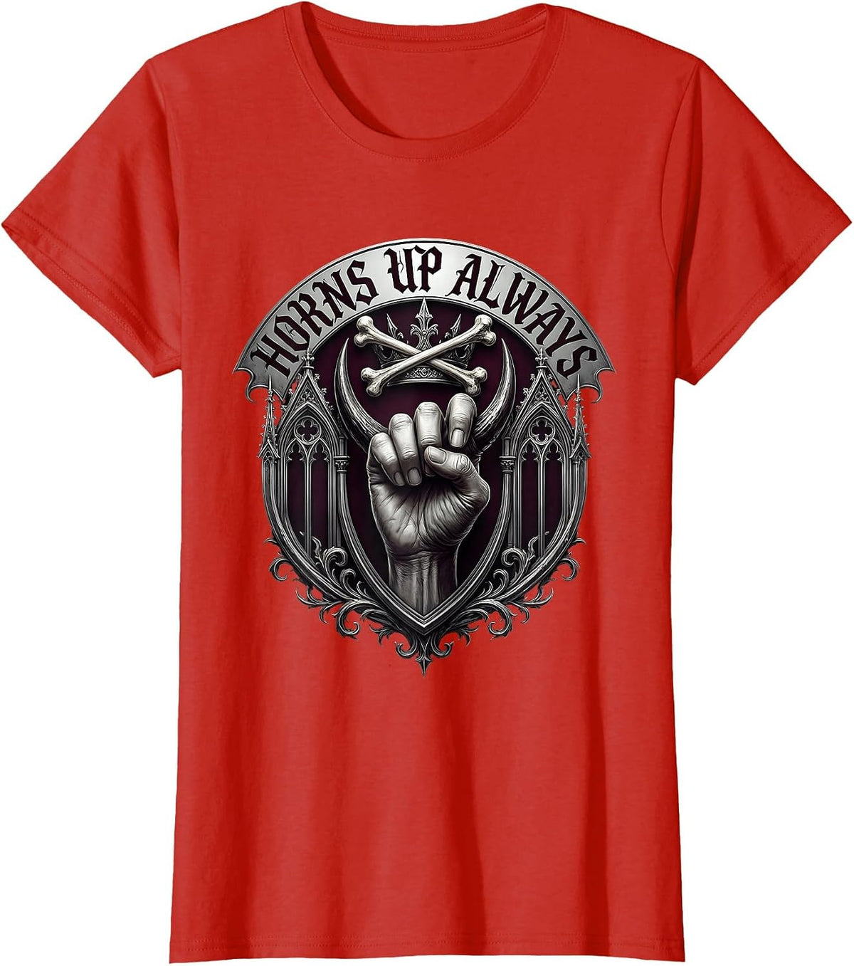 Horns Up Always Heavy Metal Graphic Design T-Shirt - Red