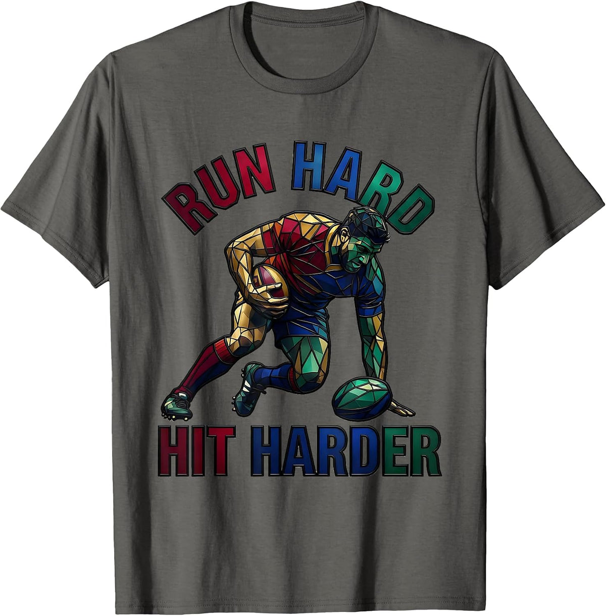 Run Hard Hit Harder Rugby Graphic Design T-Shirt - Asphalt Grey