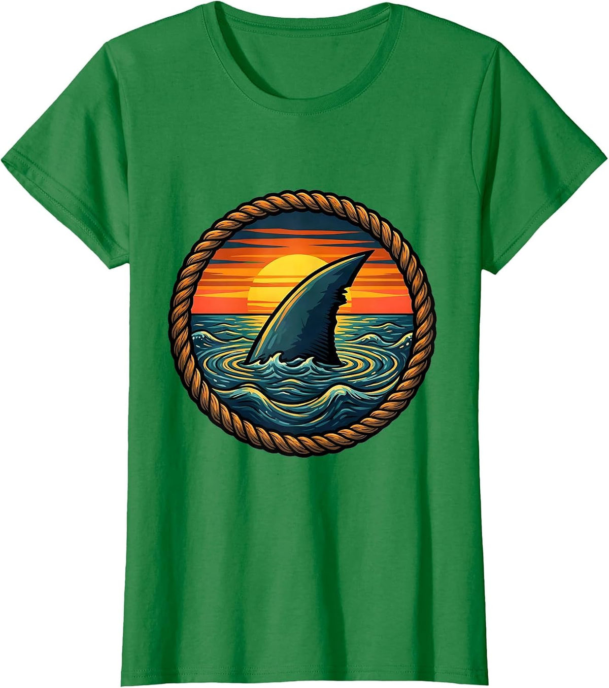 Hawaiian Shark Fin Sunset Ocean Graphic T-Shirt - Kelly Green