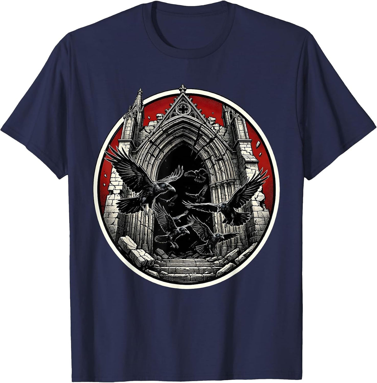Crumbling Cathedral Ravens Heavy Metal Gothic Design T-Shirt - Navy Blue