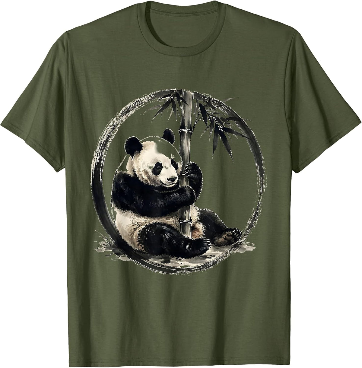 Men's Sleeping Panda Curled Around Bamboo Stalk T-Shirt - Olive Green