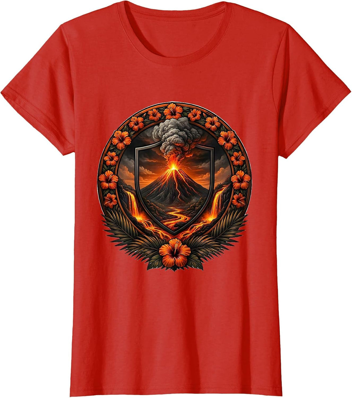 Women's Hawaiian Volcano Eruption Glowing Lava Flow Graphic T-Shirt - Red