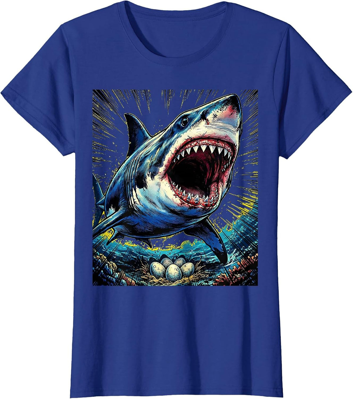 Women's Mama Shark Roaring Over Nest Protective Design T-Shirt - Royal Blue