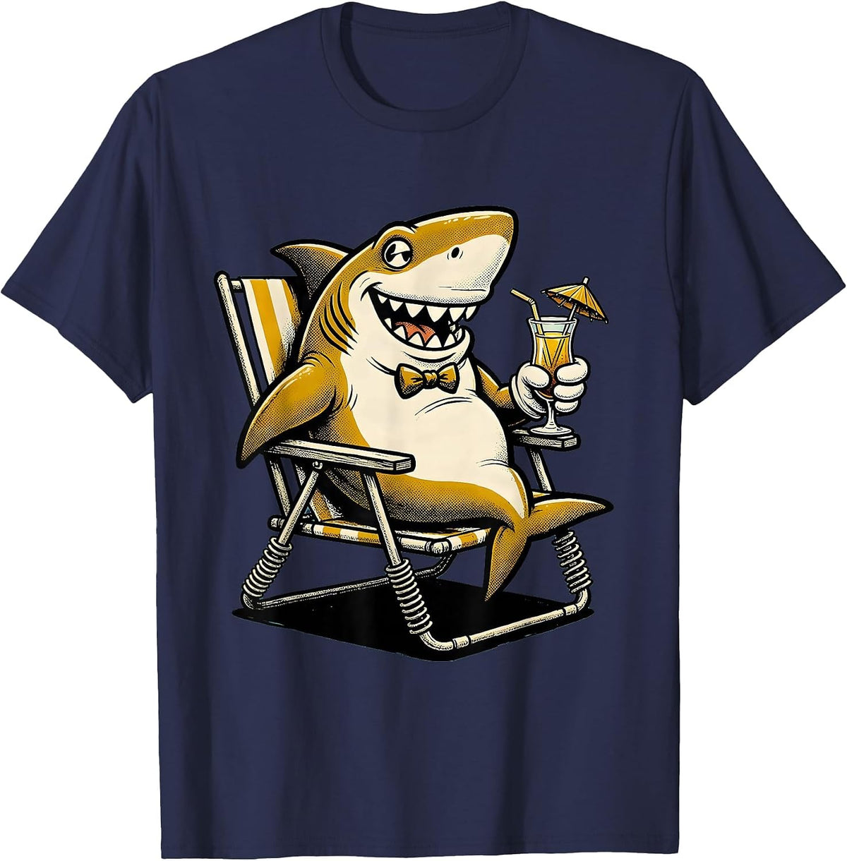Shark Relaxing in Lawn Chair with Tropical Drink T-Shirt - Navy Blue