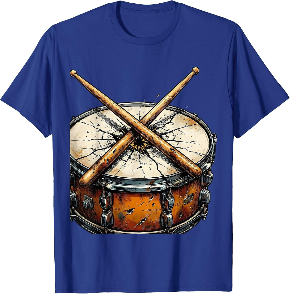 Crossed Drumsticks Cracked Snare Drum Concert Graphic T-Shirt - Royal Blue