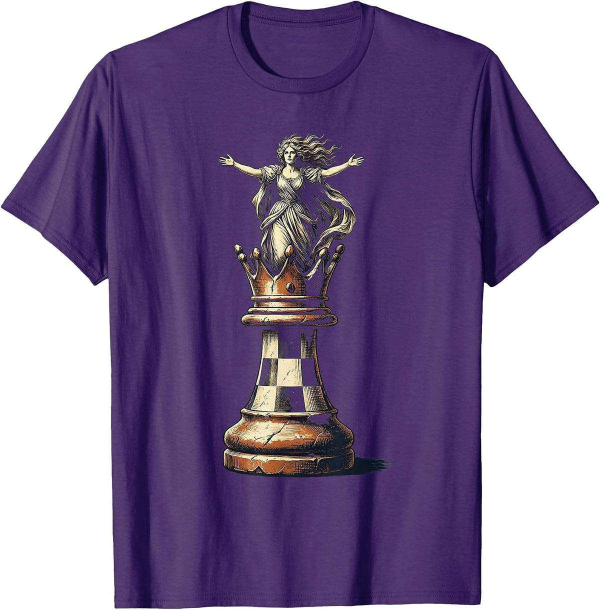 Checkered Chess Piece Rising Figure Graphic T-Shirt - Purple