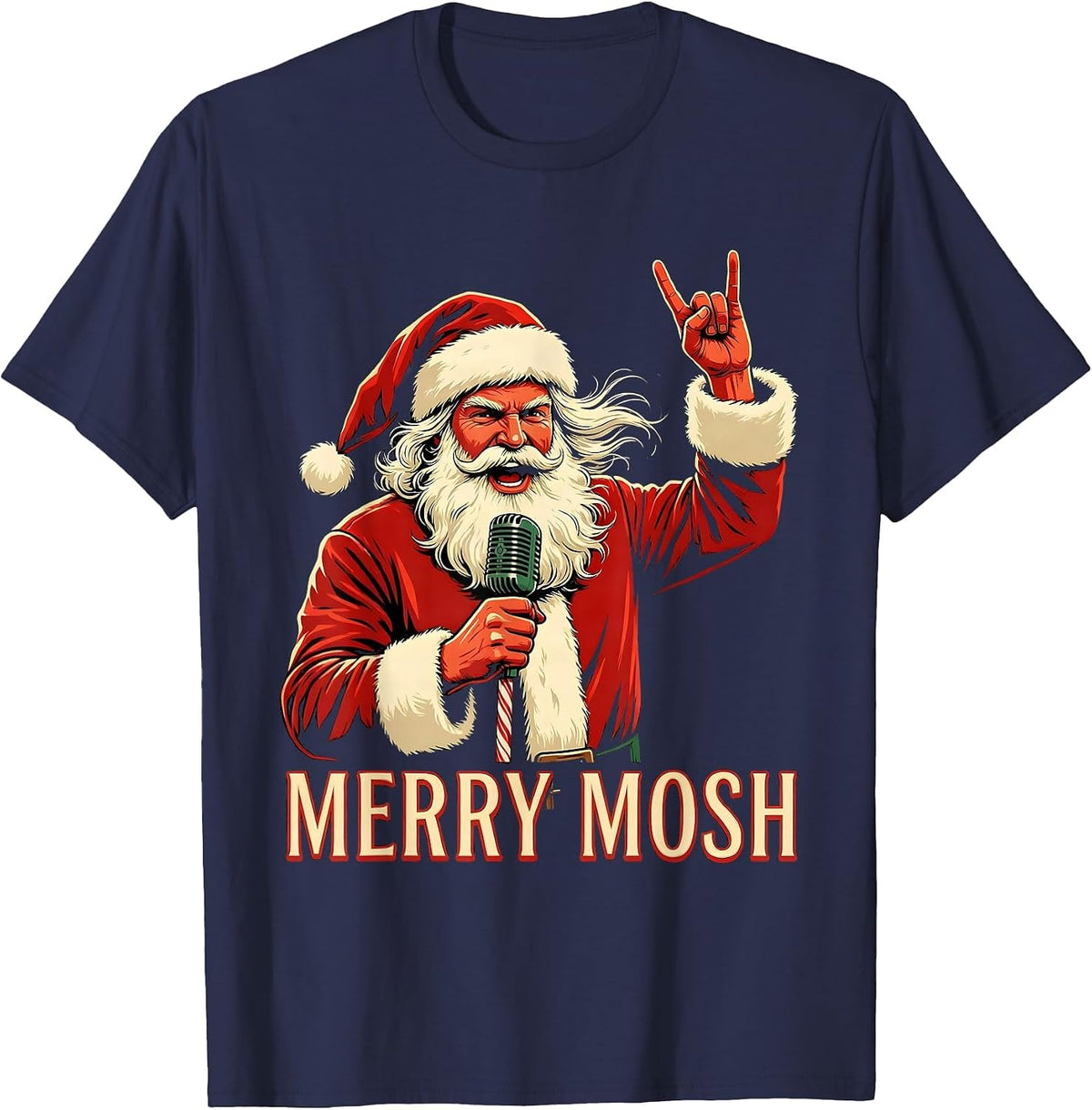 Men's Merry Mosh Heavy Metal Rock Christmas Funny Novelty T-Shirt - Navy Blue