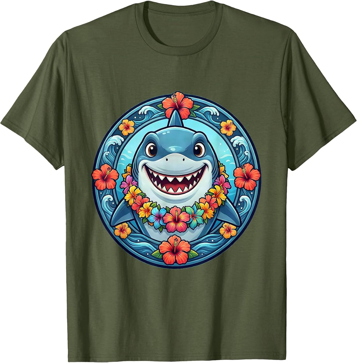 Men's Kids Hawaiian Shark with Flower Lei Illustration T-Shirt - Olive Green