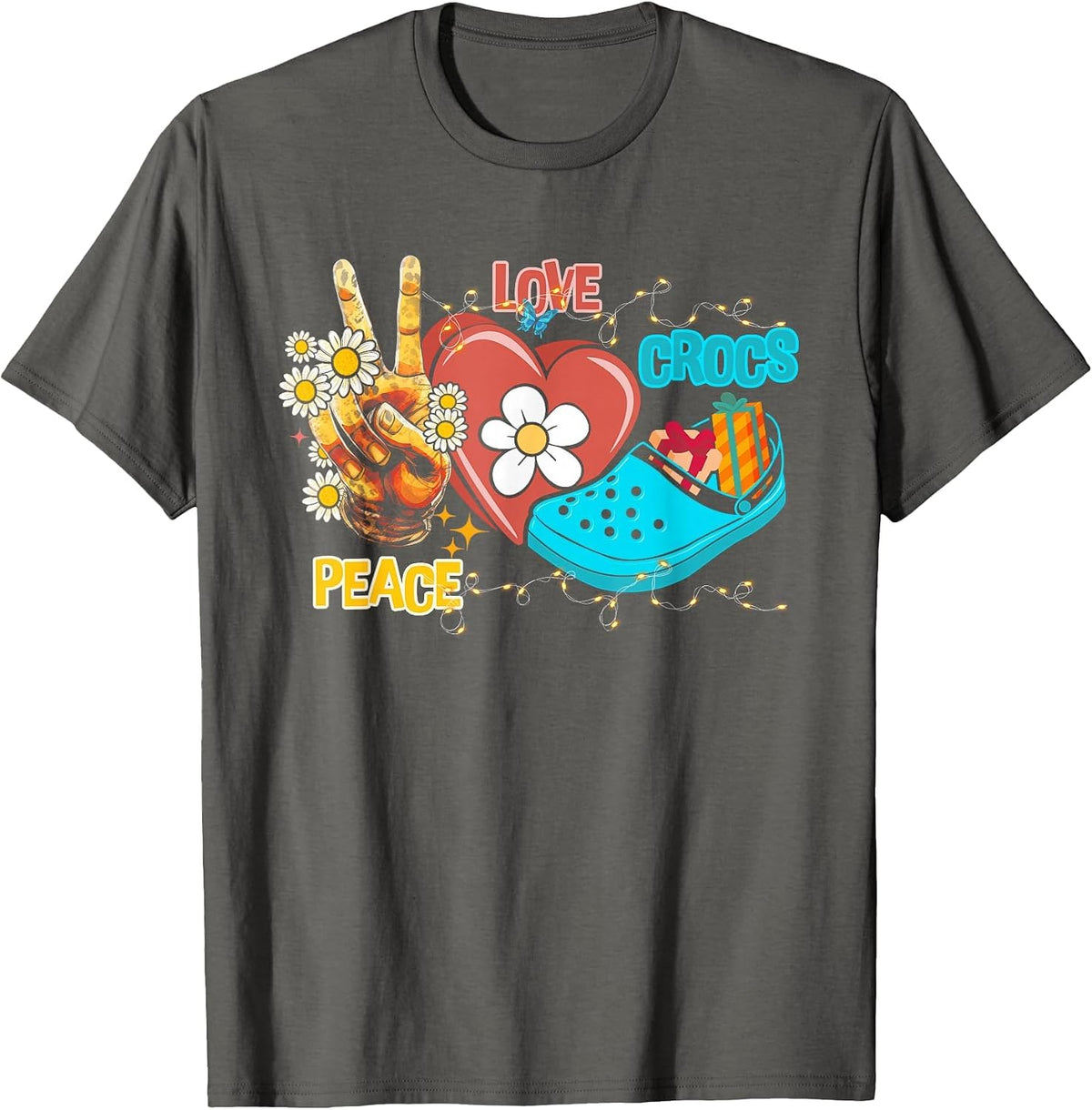 Skeleton Hand Peace Love-Crocs Family Xmas Pyjama Halloween T-Shirt - Asphalt Grey