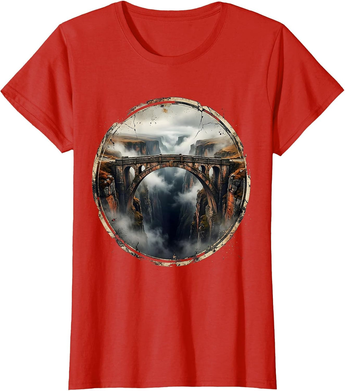 Faith Over Fear Bridge Emerging From Fog Design T-Shirt - Red