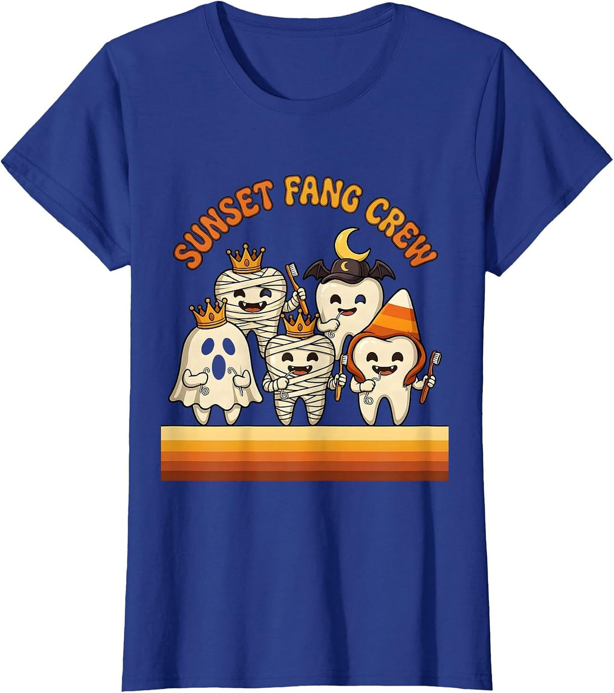 Women's Sunset Fang Crew Retro 70s Dental Halloween Costume Humor T-Shirt - Royal Blue