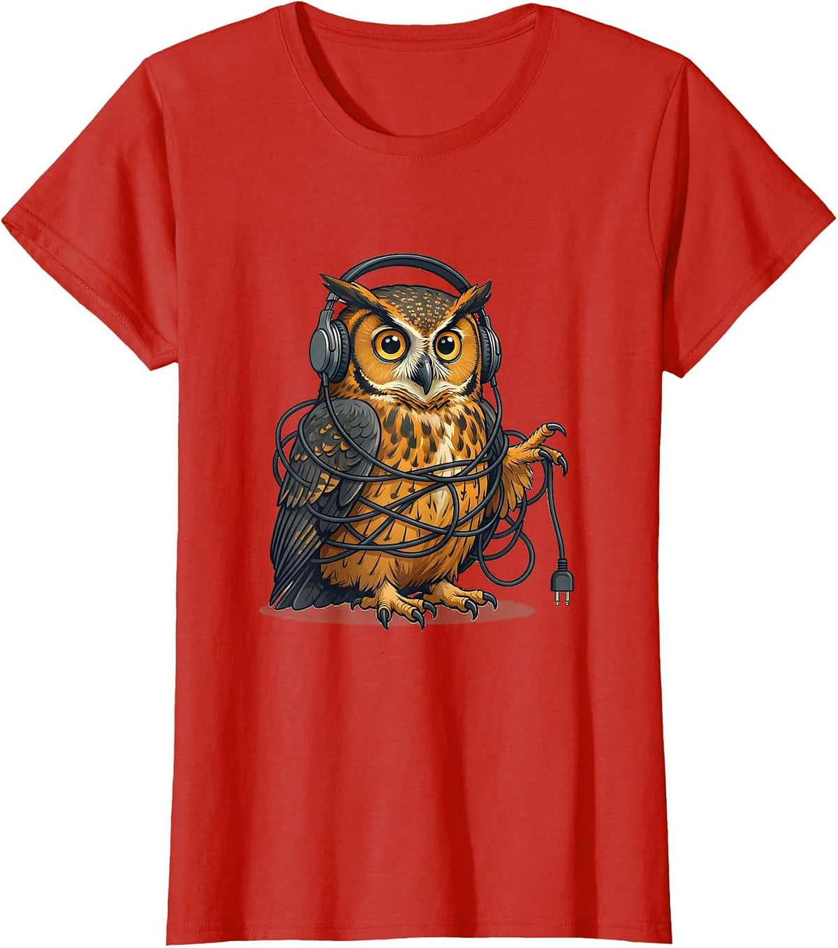 Silly Wide-Eyed Owl Tangled in Headphone Cords T-Shirt - Red