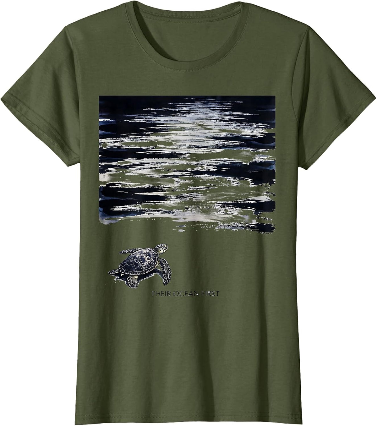 Women's Their Ocean First Ink Brush Sea Turtle Beach Souvenir T-Shirt - Olive Green