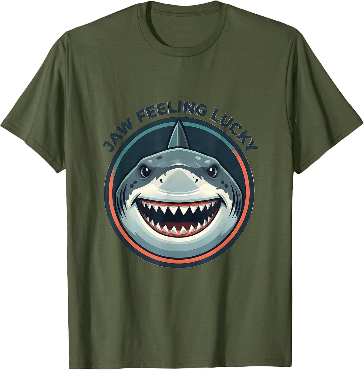 Men's Jaw Feeling Lucky Funny Shark Lover Ocean Wildlife Humor T-Shirt - Olive Green