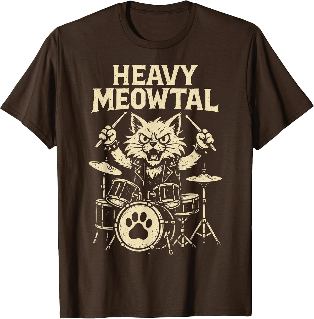 Heavy MEOWTAL - Cat Drummer Rock Music T-Shirt - Brown