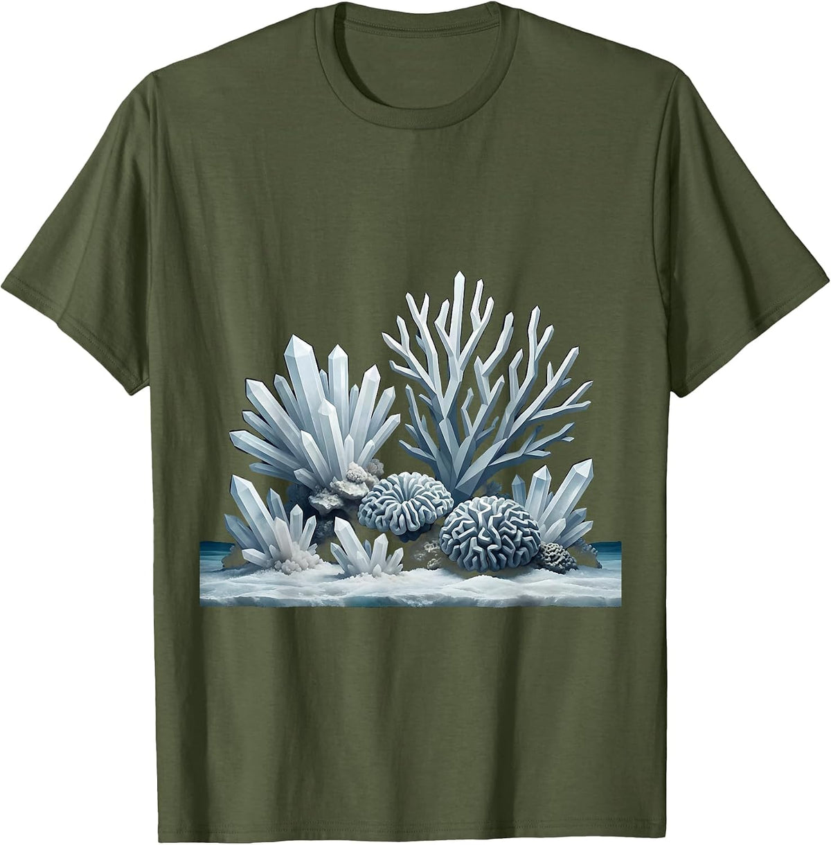 Salt Crystal Coral Reef Graphic Design T-Shirt - Olive Green