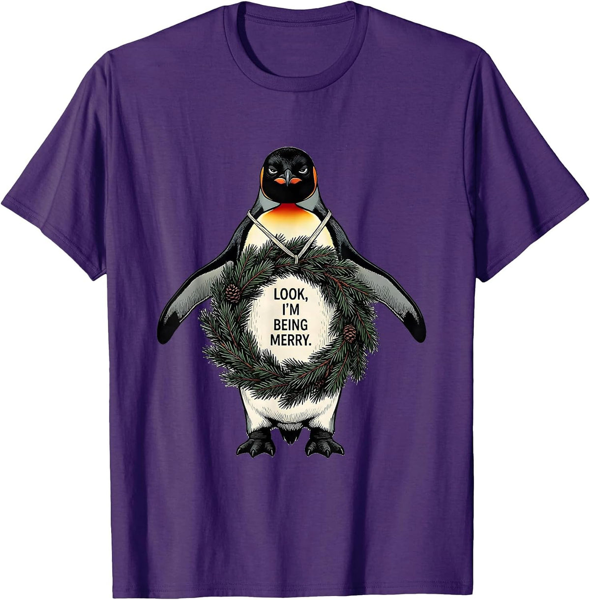 Men's Look, I'm Being Merry Grumpy Penguin Christmas Humor Cat T-Shirt - Purple