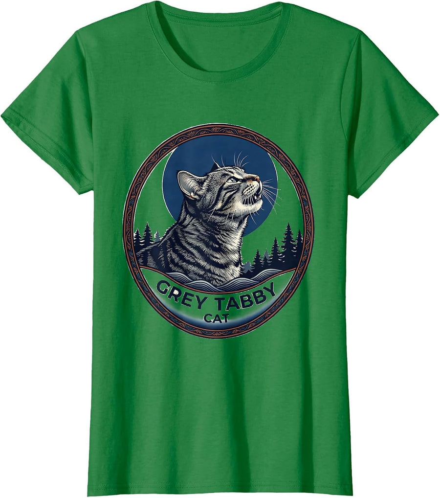 Women's Grey Tabby Cat Howling at Moon Ukiyo-e Retro Cat Owner T-Shirt - Kelly Green