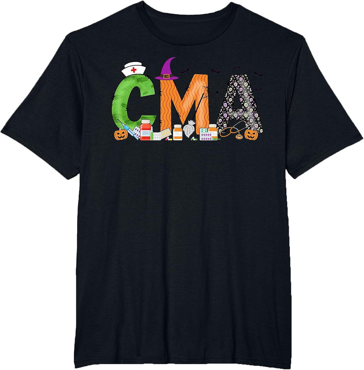 Certified Medical Assistants CMA Witch Nurse Skull Halloween T-Shirt - Black