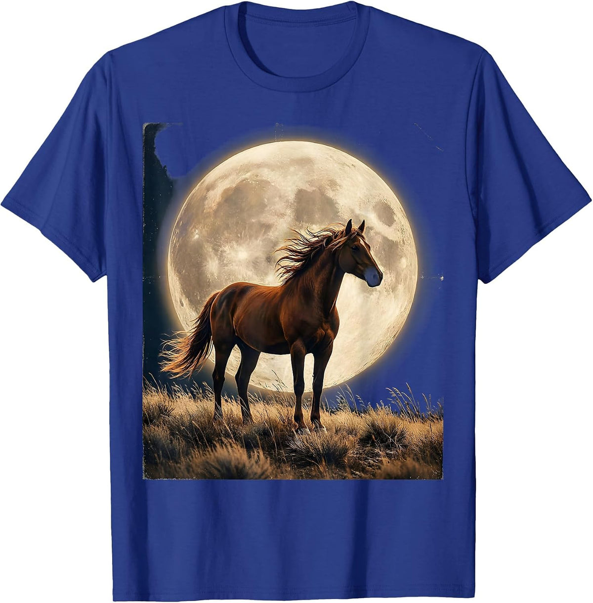 Men's Horse Silhouette Giant Full Moon Night Sky Design T-Shirt - Royal Blue