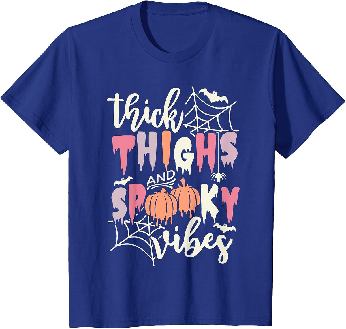 Thick Thighs and Spooky Vibes Retro Groovy Halloween Pumpkin T-Shirt - Royal Blue