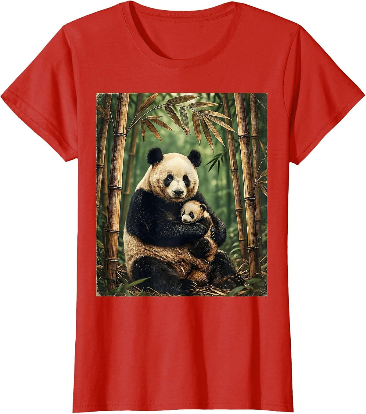 Mama Panda and Cub in Bamboo Grove Design T-Shirt - Red