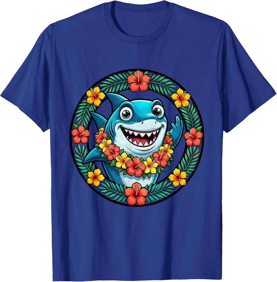 Kids Hawaiian Shark Floral Lei Cartoon Design T-Shirt - Royal Blue