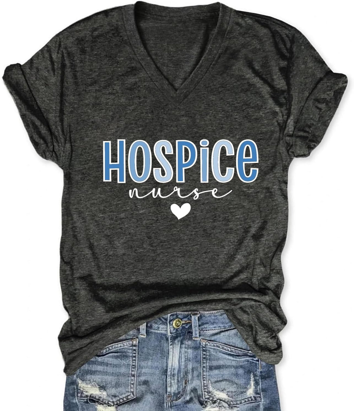 Hospice Nurse T-Shirt for Women Short Sleeve Letter Print Heart Graphic Tee Cute V Neck Nursing Student Top - Grey