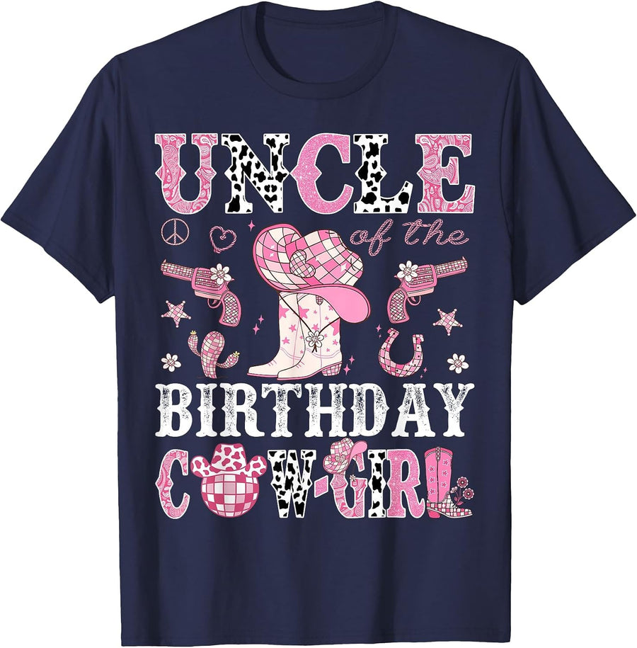 Uncle of The Birthday Cow-Girl Pink Disco Rodeo Western T-Shirt - Navy Blue