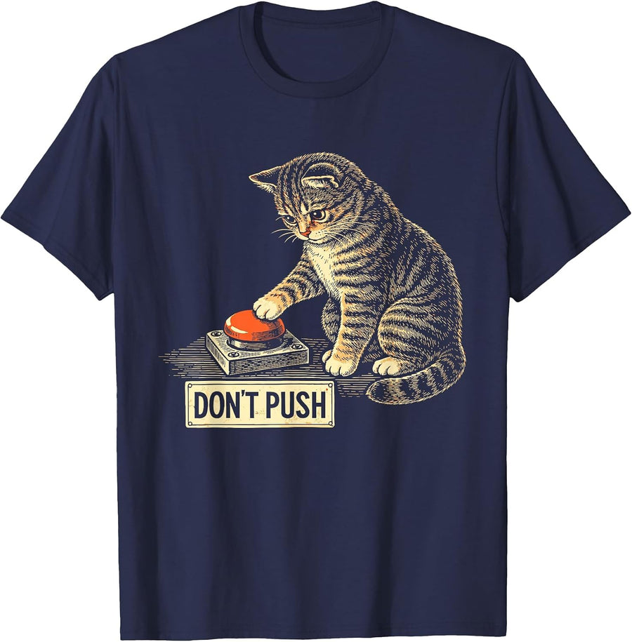 Cat Lover Don't Push Button Humor T-Shirt - Navy Blue