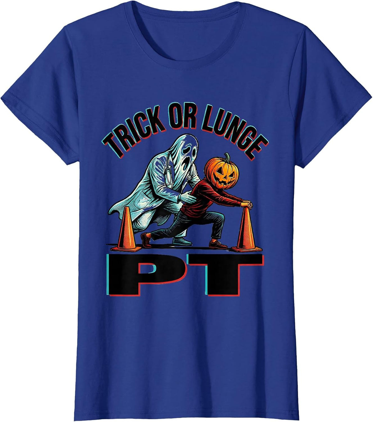 Women's Trick Or Lunge PT Pop Art Physical Therapy Halloween Humor T-Shirt - Royal Blue