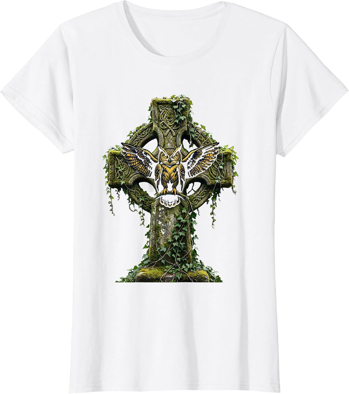 Women's Halloween Owl on Mossy Stone Cross Illustration T-Shirt - White