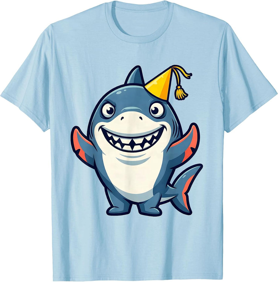 Men's Derpy Shark in a Sideways Party Hat T-Shirt - Baby Blue