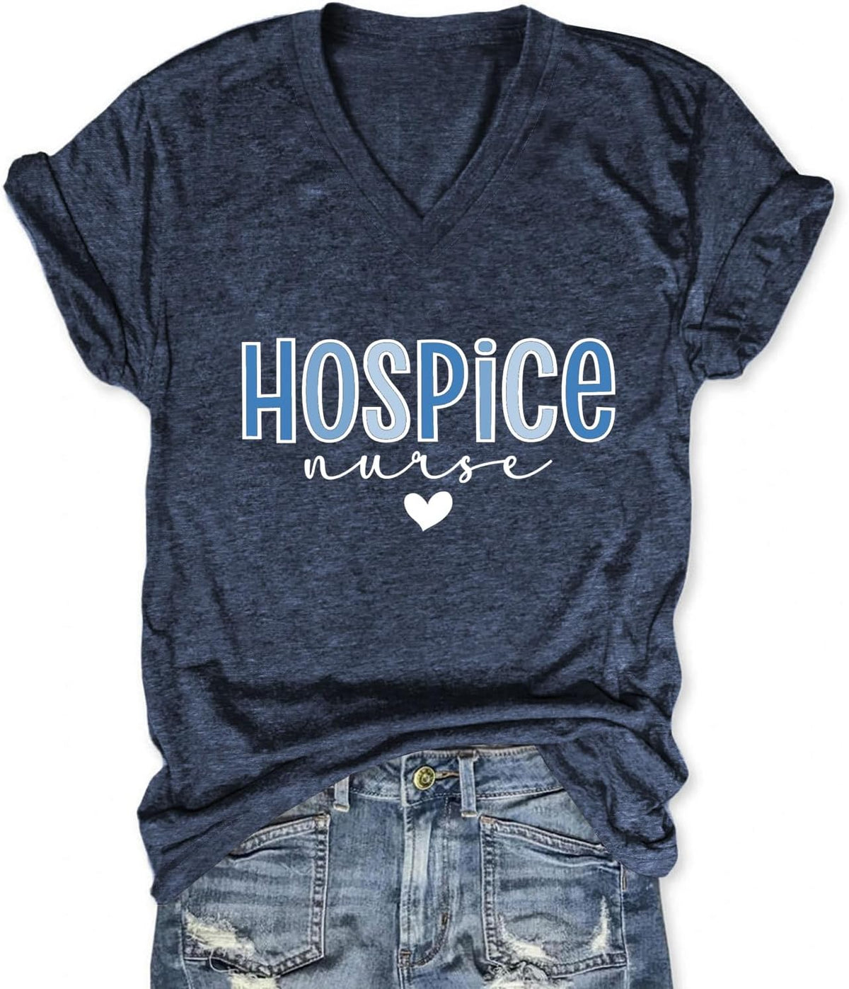 Hospice Nurse T-Shirt for Women Short Sleeve Letter Print Heart Graphic Tee Cute V Neck Nursing Student Top - Navy Blue