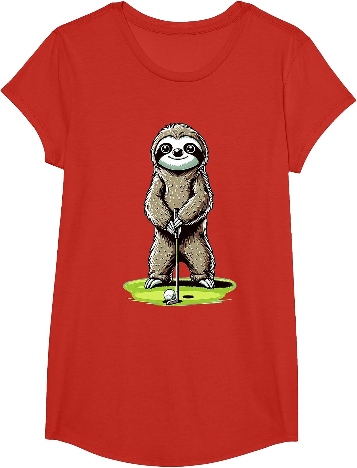 Sloth Playing Golf Funny Golfing Lover Golfer T-Shirt - Girls Red