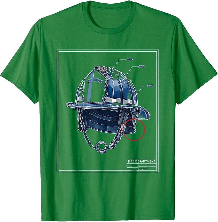 Men's Fire Department Technical Blueprint Firefighter Pride Humor T-Shirt - Kelly Green