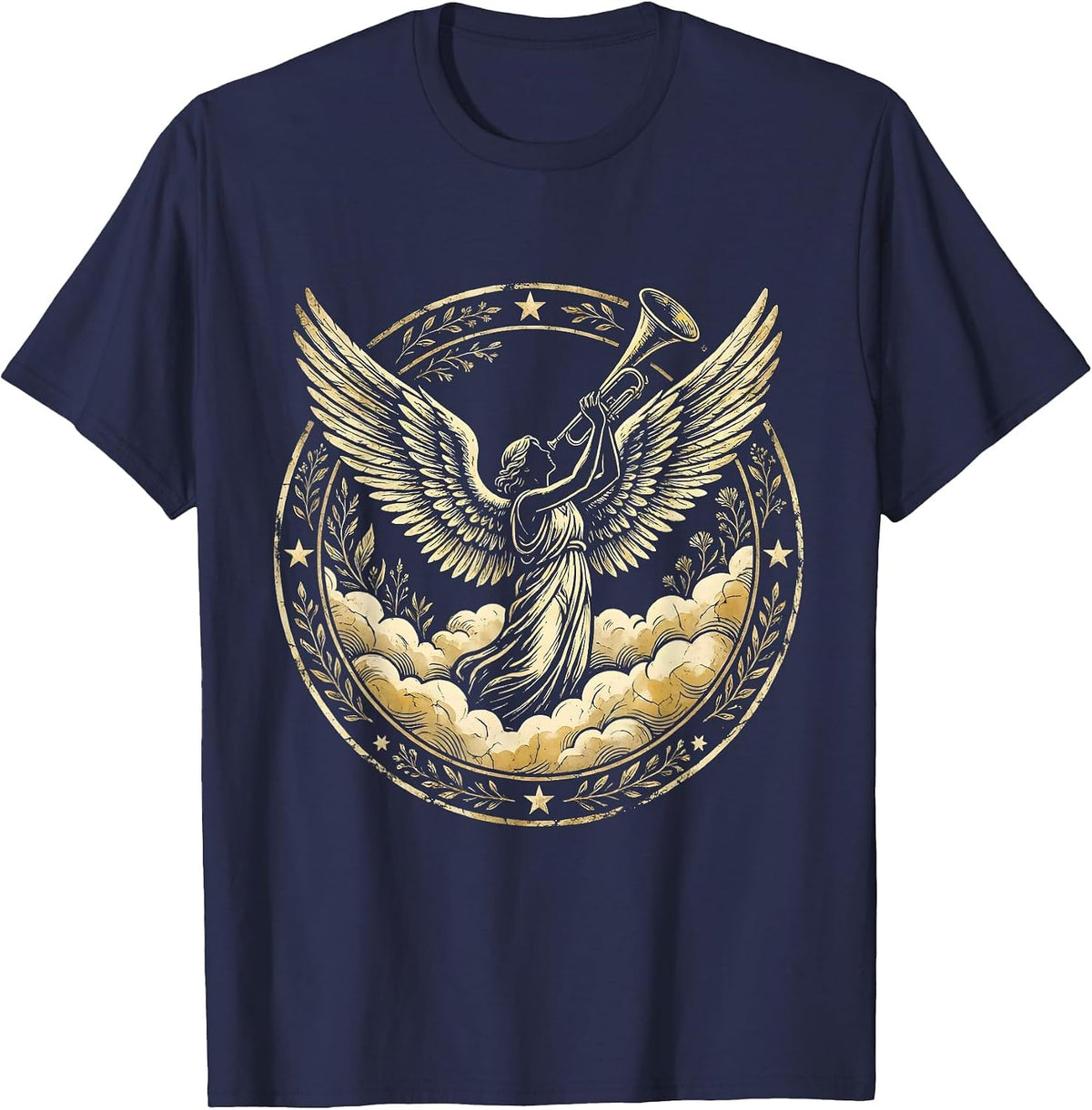 Make Heaven Crowded Trumpet Angel Clouds Design T-Shirt - Navy Blue