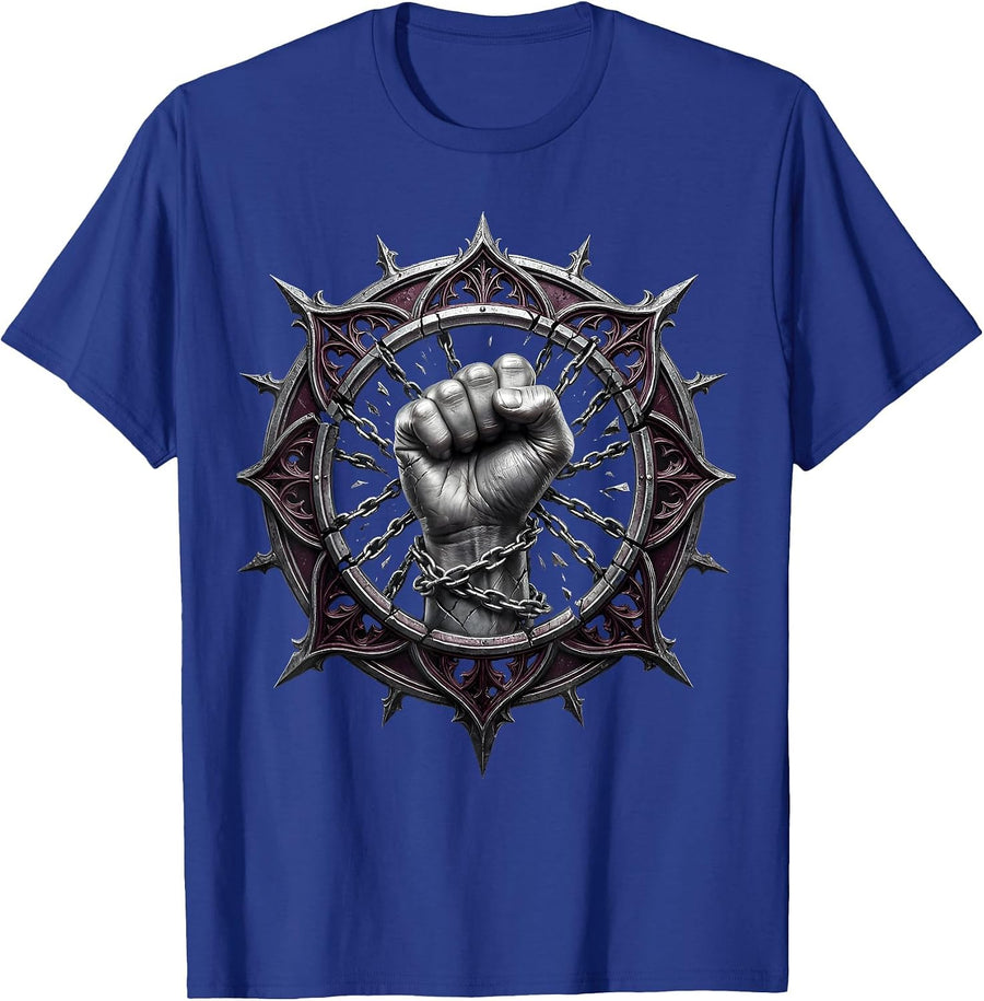 Breaking Chains Clenched Fist Metal Graphic T-Shirt - Royal Blue