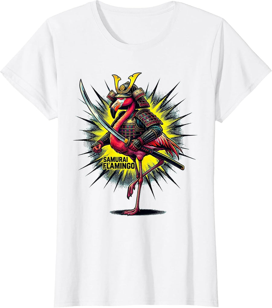 Women's Samurai Flamingo Pop Art Anime Warrior Graphic T-Shirt - White