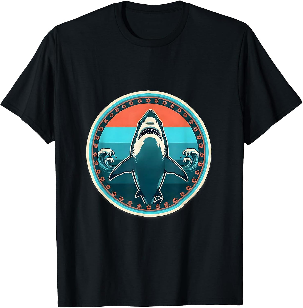 Men's Great White Shark Ocean Silhouette Hawaiian Design T-Shirt - Black